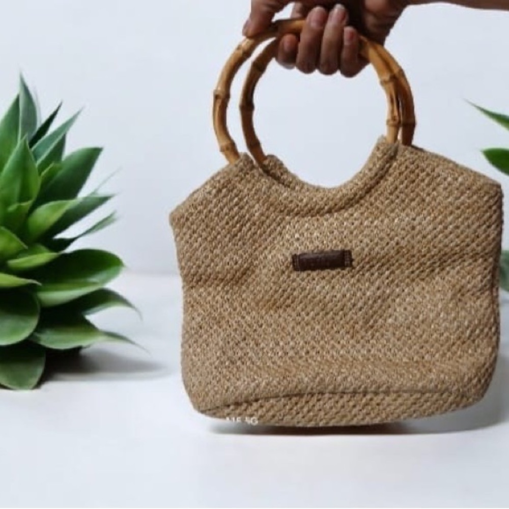 Rosetti Tan Woven Tote with Bamboo Handles